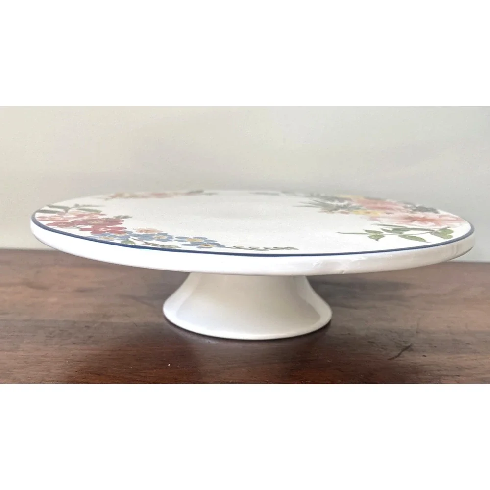 Pottery Barn Flora Floral Rim Cake Plate & Centerpiece Serving Fruit Bowl Easter